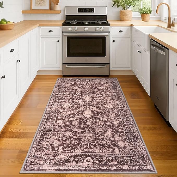 KILOCOCO Area Rug 3x5 Entryway Rug Washable Printed Vintage Floral Rubber Backed Non Slip Indoor Kitchen Rugs for Living Room Laundry Room Playroom Mudroom Moroccan Area Rugs, Red