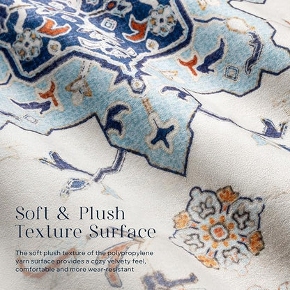 Phantoscope Washable Area Rug 5'x7' Non-Slip, Vintage Boho Rugs for Living Room, Bedroom, Dining Room, Medallion Persian Symmetrical Pattern, Low-Pile Foldable Floor Carpet, Ivory Blue/Orange