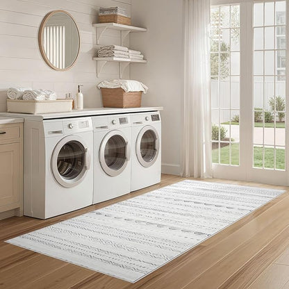 Nakagishi Runner Rug Kitchen Washable Rugs: 3x8 Non-Slip Boho Soft Modern Stain Resistant Indoor Floor Neutral Farmhouse Throw Carpet for Hallway Bathroom Laundry Room Entryway Bedroom- Grey
