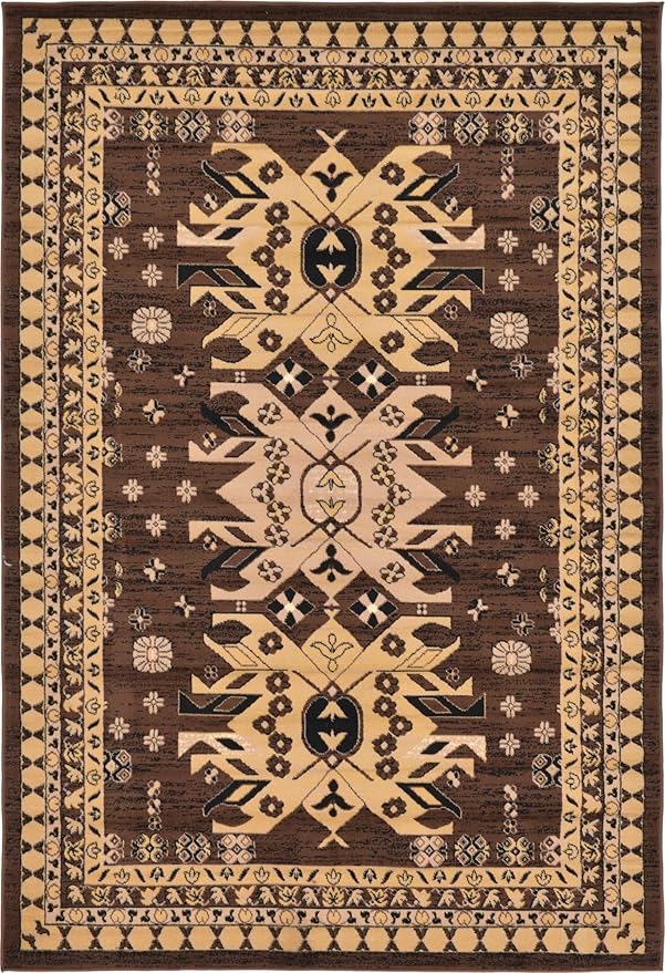 Unique Loom Taftan Collection Border Geometric Tribal Inspired Design Area Rug (6' 0 x 9' 0 Rectangular, Brown/ Tan)