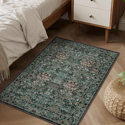 Boho Floral Washable Entry Small Rug, 2x3 Dark Green Distressed Kitchen Throw Rug - Soft Cottagecore Botanical Floor Mat for Bathroom, Laundry, Front Door, Indoor Entrance with Low Pile, Non Slip