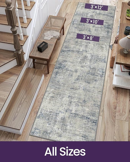 DEXI Hallway Runner Rug 3x8, Modern Abstract Non Slip Thin Soft Runners Carpet, Stain Resistant Washable Indoor Rug for Hallway Entryway Kitchen Laundry Room Living Room, Blue