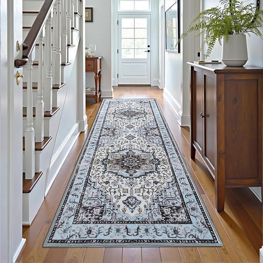 Runner Rug 2×6, Machine Washable Non-Slip Vintage Area Rug, Low Pile, Indoor Carpet Printed Floral Rugs for Living Room, Entryway, Kitchen, Bedroom,Blue