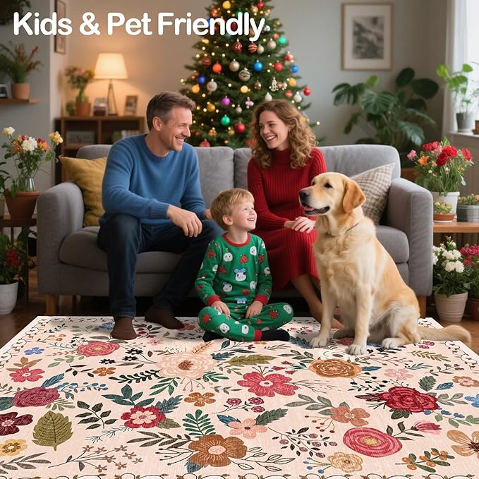 9x12 Area Rugs for Living Room Clearance Washable Boho Area Rug, Vintage Floral Non Slip Low Pile Large Rug for Living Room, Bedroom, Dining Room, Farmhouse (9 x 12 Beige Red)