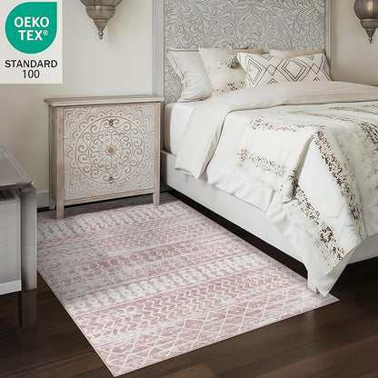 4x6 Machine Washable Area Rug for Living Room, Pink Vintage Moroccan Rug Large Non-Slip Low Pile Soft Faux Wool Carpet, Kids and Pets Friendly for Bedroom Dining Room Farmhouse Home Decor Rug