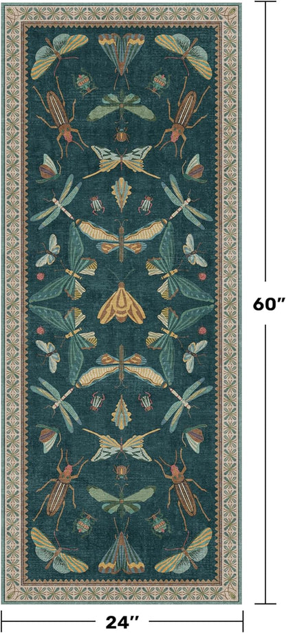 Brown and Green Kitchen Sink Runner Rug 2x5 - Teal Boho Bathroom Rugs for Entrance Indoor, Insect Print Floral Vintage Unique, Washable Non Skid Stain Resistant