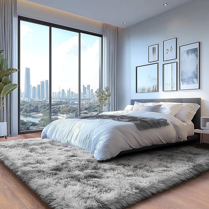 Soft Shaggy Rugs Light Grey Fluffy Rug for Bedroom White Fuzzy Rug Non-Slip Indoor Floor Carpet for Living Room 8x10 Ft