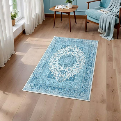 2x3 Small Area Rug for Entryway, Soft Washable Rugs with Non-Slip Backing for Bedroom Kitchen, Vintage Throw Carpet Laundry Entry Door Decor, Celestial Blue