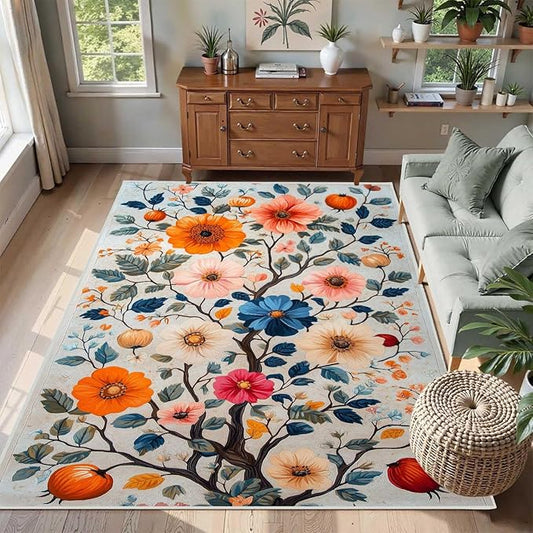 10x12 Colorful Flower Area Rugs, Floral Vintage Large Rugs, Floral Rugs, Botanical Rug, Washable Boho Botanical Non Slip Carpet for Living Room, Bedroom, Kids Room