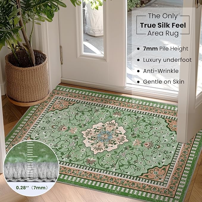 2' x 3' Green Washable Area Rugs, Non-Slip Entryway Rug, Boho Low Pile Door Mat Indoor Entrance, Floral Medallion Pattern Vintage Rugs for Kitchen Bedroom Bathroom Laundry Living Room Farmhouse