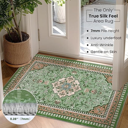 2' x 3' Green Washable Area Rugs, Non-Slip Entryway Rug, Boho Low Pile Door Mat Indoor Entrance, Floral Medallion Pattern Vintage Rugs for Kitchen Bedroom Bathroom Laundry Living Room Farmhouse