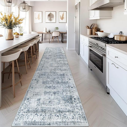 Morebes Vintage 2x10 Runner Rug for Hallway Non Slip,Washable Long Kitchen Rugs Runners,Soft Distressed Non-Shedding Carpet Runner Rug for Entryway Indoor Foyer Playroom,Blue-Gray