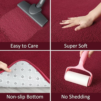 AROGAN Modern Shag Area Rug for Bedroom, 4x6 Feet Washable Rugs for Living Room, Indoor Floor Carpet Rugs, Plush Memory Foam Bedside for Kids Girls Teens Room Low Pile Rug Decor, Wine Red