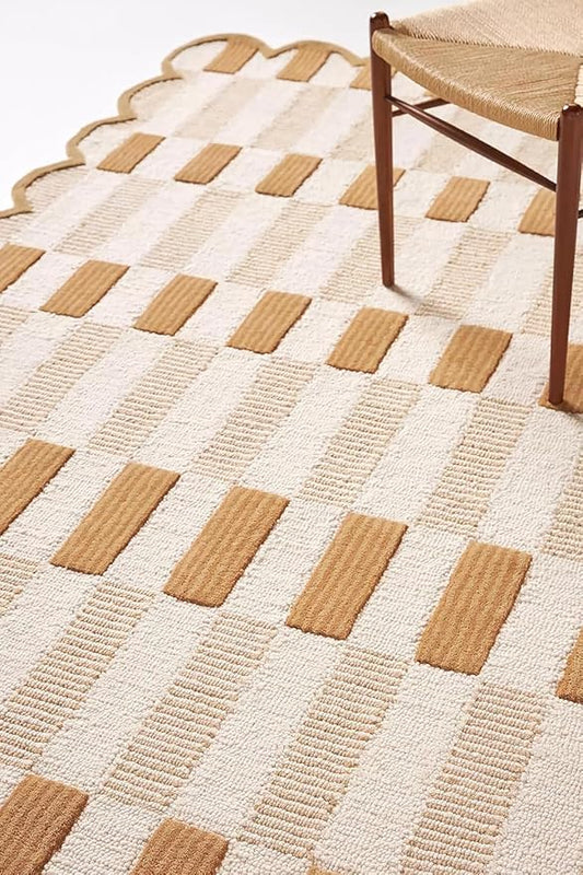 Hand-Tufted Wool Rug with Scalloped Edges, Light Blue Plaid Pattern, Cozy Soft Area Rug for Living Room, Bedroom, and Nursery, Handmade Modern Accent Rug (Neutral, 4X6 FEET)