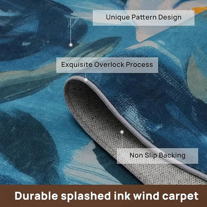 5x7 Camellia Floral Rugs, Modern Washable Flower Pattern Area Rug for Bedroom, Soft Large Non-Slip Kitchen Carpet Floor Door Mat for Living Room Dining Room Office - Navy Blue