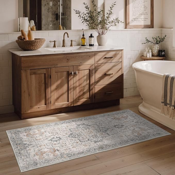 Runner Rug 2'6''x5 Non Slip Machine Washable Vintage Hallway Runner Rug, Low Pile Lightweight Rugs for Entryway, Hallway, Kitchen and Corridor, Light Taupe Brown