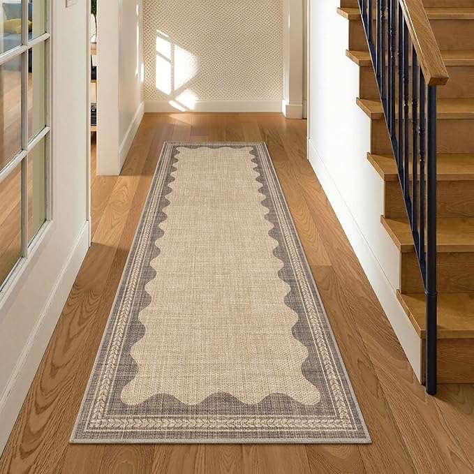 Scalloped Easy Jute Runner Rug,2x6 Kitchen Runner Rugs for Hallway Non Slip Washable Indoor Outdoor Carpet for Laundry Room Bedroom Entry 6ft