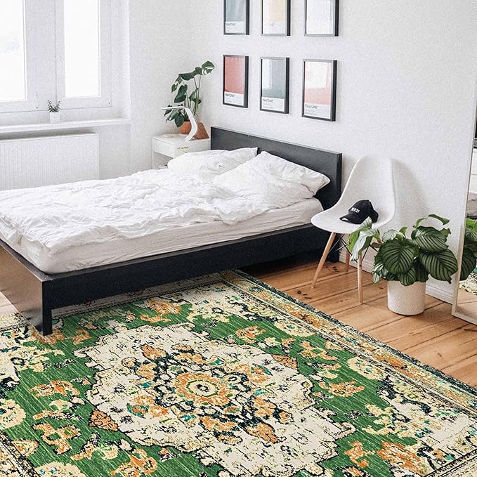 Bohemian Pattern Rectangular Area Rugs for Living Room Bedroom 2.8 x 5 ft Green & Orange Abstract Non-Shedding Soft Low Pile Rug Non Slip Washable Rug for Nursery Entryway Playroom
