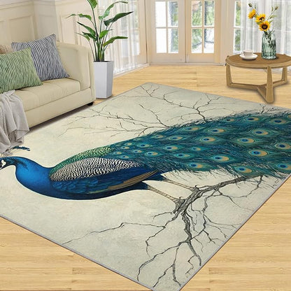 Peacock Area Rug 5x7-5x7 Rug, Peafowl Rugs for Living Room, Teal Turquoise Carpet, Modern Style Washable Area Rugs for Bedroom, Peacock Feather Carpet - Peafowl Home Decor & Gifts