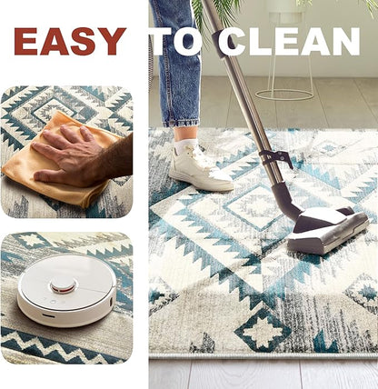 YHSF South West Native American Rug Ritz – Native Tribal American Indian Inspired Rug - Living Room, Bedroom, Hallway, Entryway & High-Traffic Area Rugs - Washable - Soft - Aqua, 8 Feet x 10 Feet