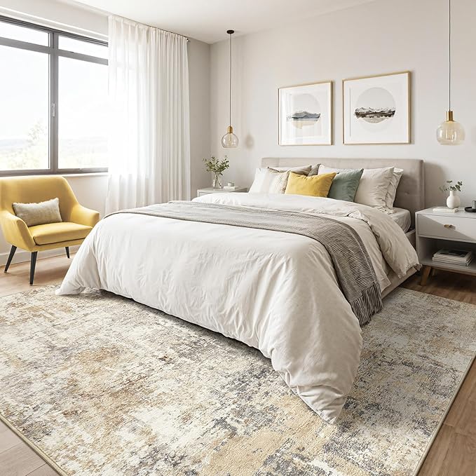 3X5 Rug Washable Area Rugs: Abstract Modern Soft Stain Resistant Indoor Floor Non Slip Throw Carpet for Entryway Living Room Closet Front Door Kitchen Bedroom Bedside Office Dorm- Gray Gold