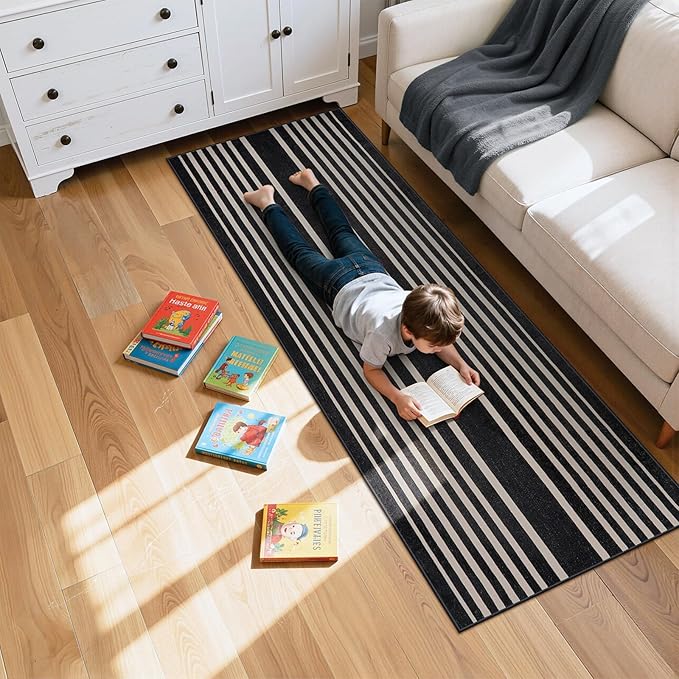 Beeiva Black and White Striped Runner Rug, 2.5x8 Washable Geometric Rugs for Hallway, Non Slip Rubber Backing Indoor Runner Rugs Modern Floor Carpet for Bedroom Bathroom Porch Entryway Rug