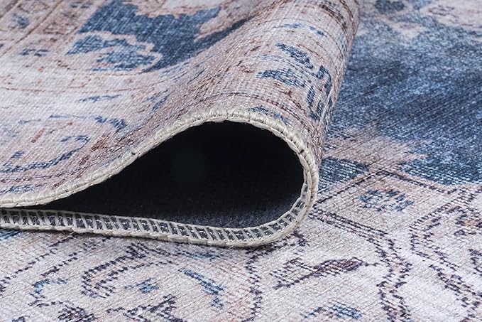 GLN Rugs Traditional Collection - Machine Washable Area Rug, Traditional Washable, Non Slip, Low Pile Chenille Rug, Living Room, Bedroom, Kitchen Rug (3' x 5' Cream/Navy)