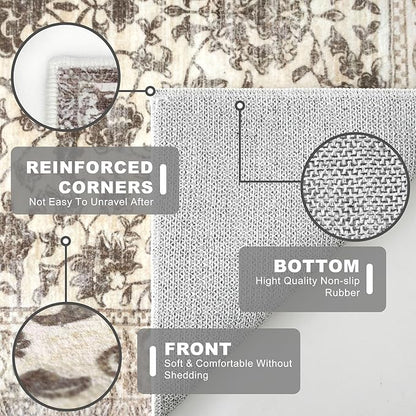 KILOCOCO Area Rug 5x7 Living Room Rug Washable Printed Vintage Floral Non Slip Soft Rubber Backed Indoor Bedroom Rugs for Laundry Room Kitchen Playroom Moroccan Area Rugs, Beige/Brown