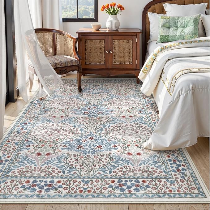 Lahome Floral Washable Area Rugs 5x7, Soft Beige Rugs for Living Room Bedroom, Boho Non Slip Low Pile Forest Design Large Throw Carpet for Farmhouse Dining Room Nursery, Beige/Blue
