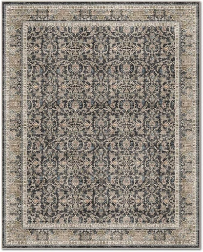 Washable 4x6 Rugs for Living Room, Boho Non-Slip Vintage Distress Small Rugs for Bedroom Nursery Office, 0.3" Neutral Oriental Throw Thin Carpet with Cushioning Pad,Black/Brown/Blue/Multi