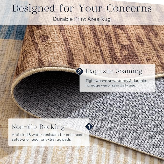 Phantoscope Washable Runner Rug 2'x8' Non-Slip, Modern Neutral Boho Hallway Rugs for Entryway, Stair, Bedroom, Abstract Geometric Blocks Pattern, Low-Pile Foldable Floor Carpet, Warm Terracotta/Cream