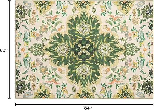Phantoscope Washable Area Rug 5'x7' Non-Slip, Vintage Boho Rugs for Living Room, Bedroom, Dining Room, Neutral Green Floral Medallion Pattern, Low-Pile Foldable Floor Carpet, Forest Green/Cream