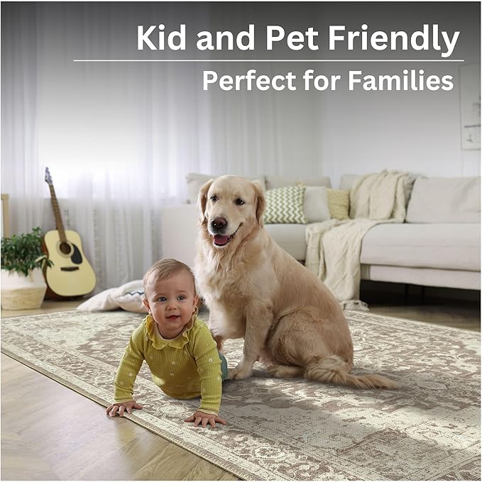 Bloom Rugs Washable Non-Slip 5' x 7' Rug - Light Brown Traditional Medallion Area Rug for Living Room, Bedroom, Dining Room, and Kitchen - Exact Size: 5' x 7'