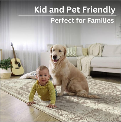 Bloom Rugs Washable Non-Slip 5' x 7' Rug - Light Brown Traditional Medallion Area Rug for Living Room, Bedroom, Dining Room, and Kitchen - Exact Size: 5' x 7'