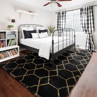 ONASAR 5x7 Area Rugs for Living Room Bedroom, Washable Fluffy Black and Gold Faux Fur Rug, Geometric Boho Soft Plush Shaggy Floor Carpet Mat for Nursery Kids Girls Boys Teen Dorm Home Office Decor
