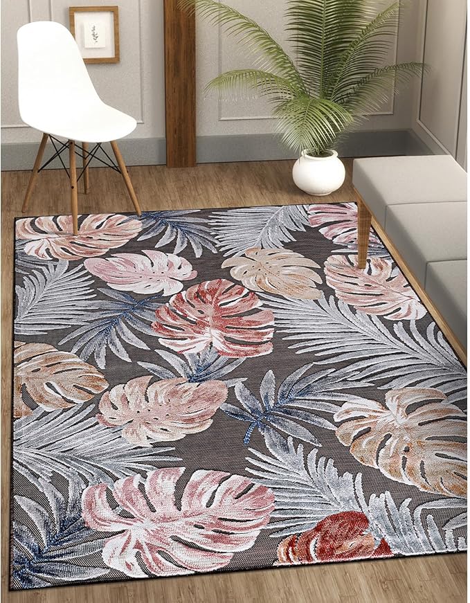 CAMILSON Indoor Outdoor Rug, Brown 6’x9’ Leaf Tropical Botanical Area Rugs for Indoor and Outdoor patios, Easy-Cleaning Non-Shedding Living Room, Garden and Kitchen Washable Outside Carpet (6x9)