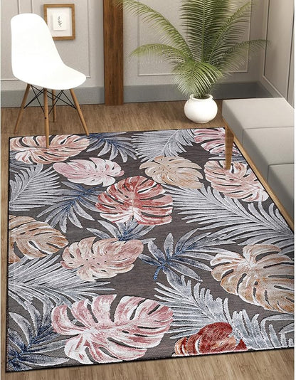 CAMILSON Indoor Outdoor Rug, Brown 5x7 Leaf Tropical Botanical Area Rugs for Indoor and Outdoor patios, Easy-Cleaning Non-Shedding Living Room, Garden and Kitchen Washable Outside Carpet (5 x 7)