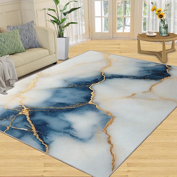 3x4 Abstract Marble Rugs for Entryway - Blue-White-Marble Kids Bedroom Rug, Luxury Stone Pattern Mudroom Rug Soft for Coffee Shop Living Room Under Table Game Room