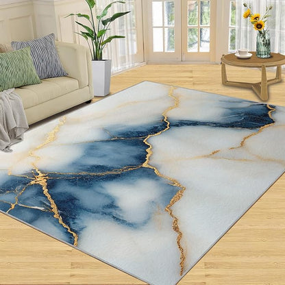 5x8 Abstract Marble Kids Rug - Blue-White-Marble Dining Room Rug, Luxury Stone Pattern Area Rugs Indoor Modern Rugs for Bedroom Hardwood Floors Teen Room