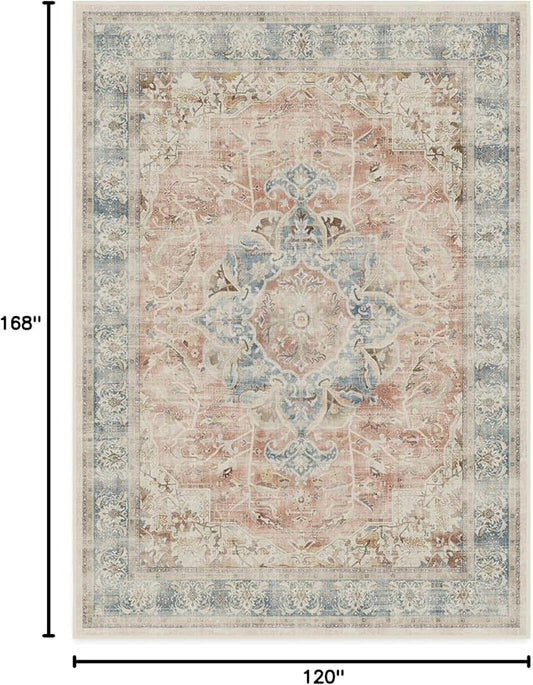 RUGGABLE Washable Vintage Area Rug – Sarrah Coral 10x14, Stain-Resistant, Non-Slip – Large Machine Washable Rugs for Living Room, Bedroom, Hallway, Entryway & Office–with Cushioned Pad