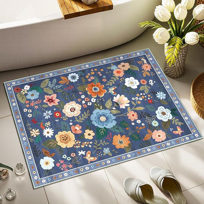 Floral 2x3 Area Rug Machine Washable Soft Print Boho Carpet Non Slip Doormat Low Pile Flower Area Rugs for Living Room Bedroom Nursery Kitchen Dining Room Indoor-Blue/Grey