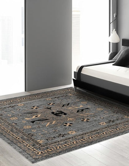 Unique Loom Taftan Collection Border Geometric Tribal Inspired Design Area Rug (8' 0 x 8' 0 Square, Gray/ Black)