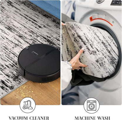 Modern Abstract Runner Rug 2x6, White Black Grey Taupe Washable Kitchen Runner Non-Slip Soft Hallway Rug Runner Thin Print Faux Wool Carpet for Entryway Bedroom Laundry Room Indoor Home Decor
