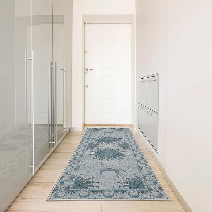 Ambesonne Sun and Moon Decorative Rug, Bohemian Artwork Design of Crescent Solar Ornament Esoteric Stars Ornaments, Quality Carpet for Bedroom Dorm and Living Room, 2' 5" x 7' 5", Dark Sea