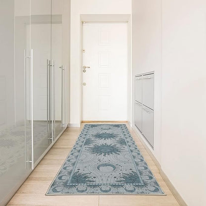 Ambesonne Sun and Moon Decorative Rug, Bohemian Artwork Design of Crescent Solar Ornament Esoteric Stars Ornaments, Quality Carpet for Bedroom Dorm and Living Room, 2' 5" x 7' 5", Dark Sea