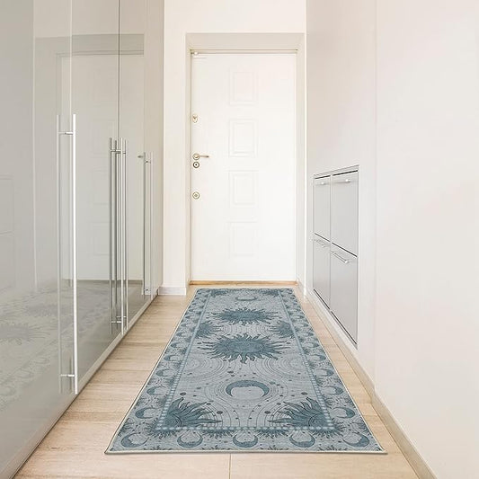 Ambesonne Sun and Moon Decorative Rug, Bohemian Artwork Design of Crescent Solar Ornament Esoteric Stars Ornaments, Quality Carpet for Bedroom Dorm and Living Room, 2' 5" x 7' 5", Dark Sea