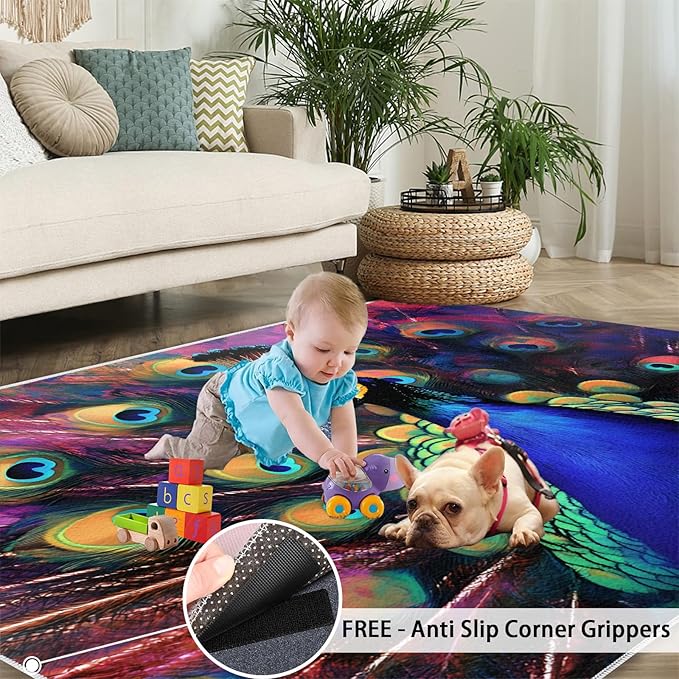Peacock Rugs for Bedroom - 6x8 Area Rug - Watercolor Peacock Rugs for Living Room, Abstract 3D Animal Rug, Non-Slip Washable Home Decor Carpet