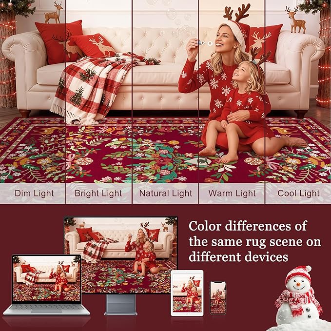 8x10 Area Rugs Living Room Rug: Christmas Washable Rug Floral Soft Carpet Indoor Floor Non-Slip Boho Stain Resistant Large Carpets for Bedroom Kids Nursery Dining Room Farmhouse Home Office Red