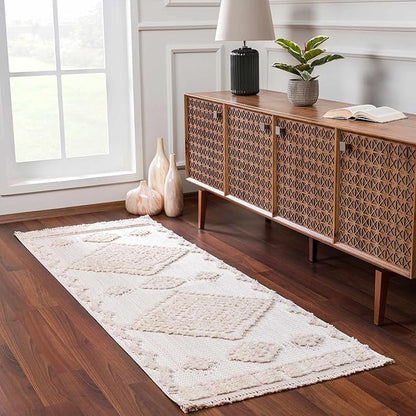 Hauteloom Rosales Farmhouse Living Room Bedroom Modern Moroccan Medallion Area Rug - Soft Shaggy High Low Carpet - High Pile - Bohemian, Boho - White, Beige, Cream - 6'7" x 9'