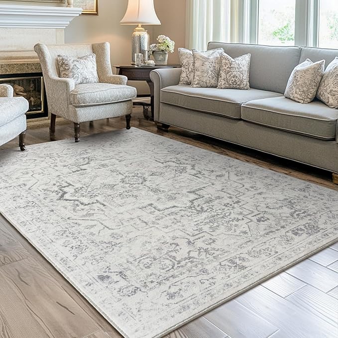 Distressed 5x8 Area Rugs for Living Room Bedroom, Low Pile Machine Washable Non Slip Carpet Rugs for Dining Room/Home Office/Kitchen Boho Farmhouse Transitional Style, Off White/Grey